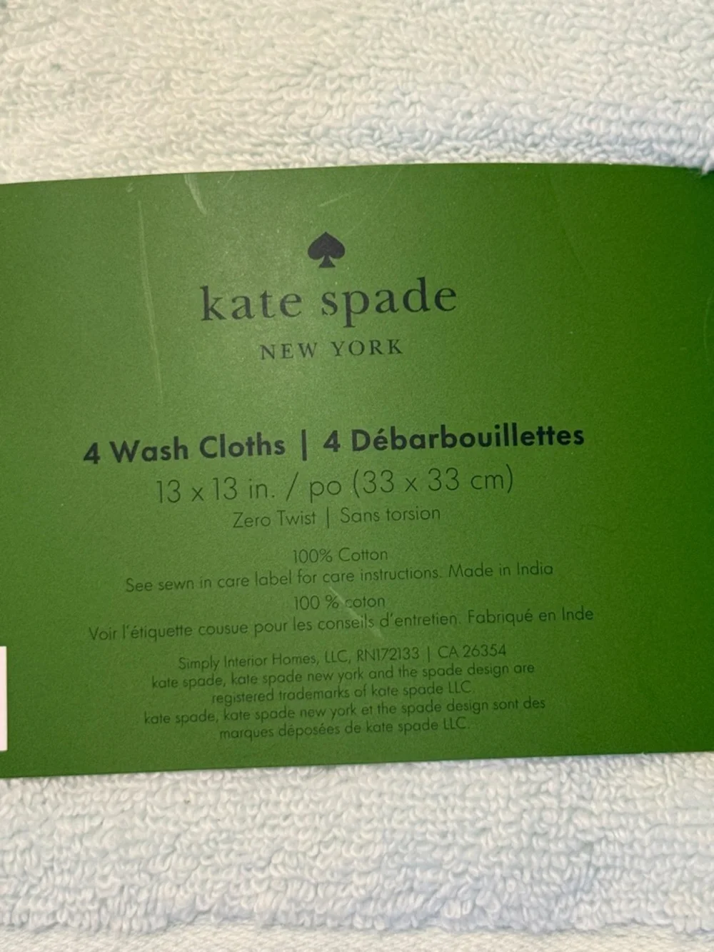 kate spade Light Turquoise Cotton Wash Cloths